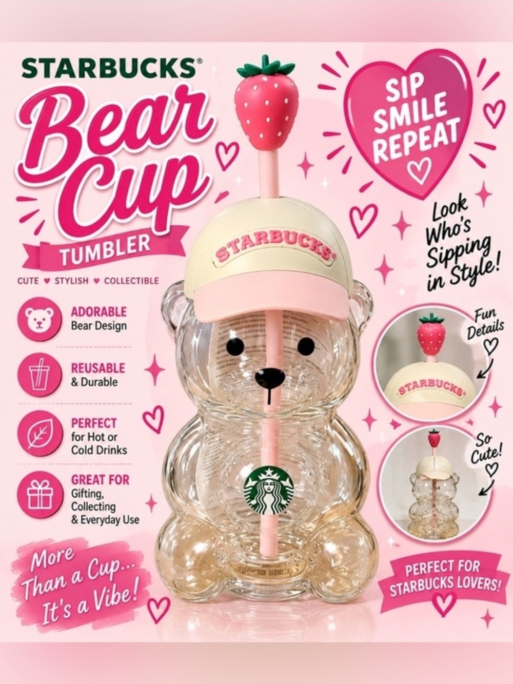 Starbucks Pink Bear Cup Tumbler with Strawberry Straw and Cream Cap